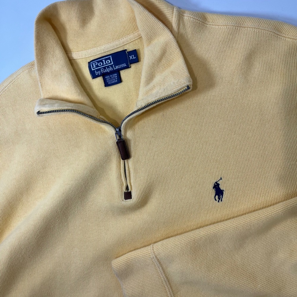 Polo Ralph Lauren Quarter Zip Pullover Mens XL Yellow Cotton Ribbed Preppy